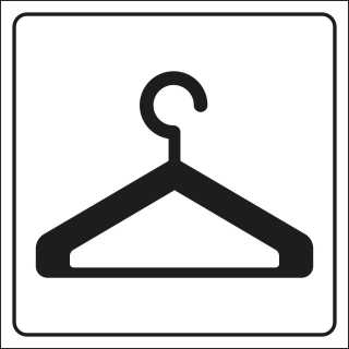 Hinweisschild: Piktogramm Kleiderbügel, weiß-schwarz, Folie selbstklebend, 150 x 150 mm, 1 Stück