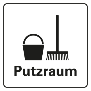 Hinweisschild: Piktogramm Putzraum, weiß-schwarz, Folie selbstklebend, 150 x 150 mm, 1 Stück