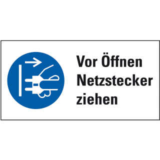 Kombi-Gebotsschild: Vor Öffnen Netzstecker ziehen, blau-weiß, Piktogramm & Text, Folie selbstklebend, 65 mm x 32 mm, 1 Stück