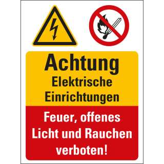 Kombi-Sicherheitsschild: Achtung Elektrische Einrichtungen - Feuer, offenes [...], 2 Piktogramme und Text, Kunststoff, 300 x 400 mm, 1 Stück