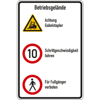 Kombischild: Betriebsgelände - Achtung Gabelstapler [...], 3 Piktogramme und Text, Aluminium reflektierend (RA0), 600 x 900 mm, 1 Stück