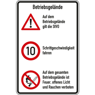 Kombischild: Betriebsgelände - Auf dem Betriebsgelände [...], 3 Piktogramme und Text, Aluminium reflektierend (RA0), 600 x 900 mm, 1 Stück