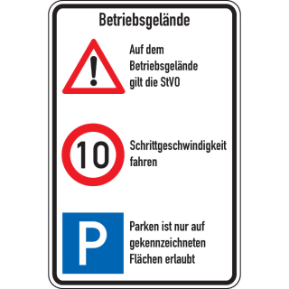 Kombischild: Betriebsgelände - Auf dem Betriebsgelände gilt die STVO [...], 3 Piktogramme und Text, Aluminium, 600 x 900 mm, 1 Stück