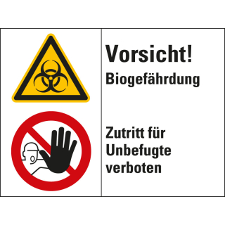Kombischild: Vorsicht! Biogefährdung - Zutritt für Unbefugte verboten, 2 Piktogramme und Text, Folie selbstklebend, 200 x 150 mm, 1 Stück