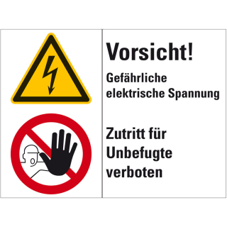 Kombischild: Vorsicht! Gefährliche elektrische Spannung - Zutritt für [...], 2 Piktogramme und Text, Folie selbstklebend, 200 x 150 mm, 1 Stück
