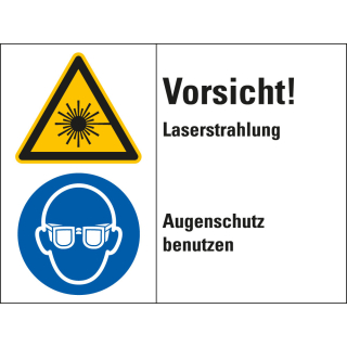 Kombischild: Vorsicht! Laserstrahlung - Augenschutz benutzen, 2 Piktogramme und Text, Folie selbstklebend, 200 x 150 mm, 1 Stück
