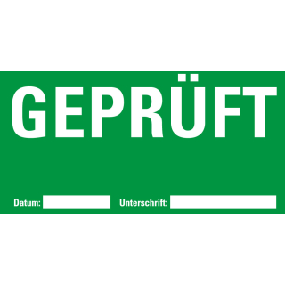 Organisationsetikett: GEPRÜFT!, beschriftbar, grün, ablösbares Haftpapier selbstklebend, 148 mm x 74 mm, 500 St./Rolle