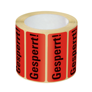 Organisationsetikett: Gesperrt!, rot, ablösbares Haftpapier selbstklebend, 50 mm x 20 mm, 500 St./Rolle