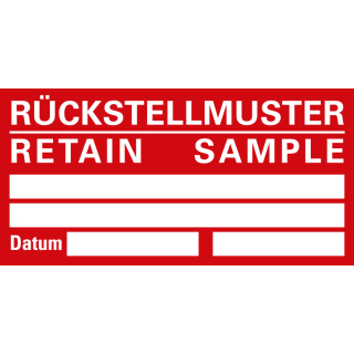 Organisationsetikett: RÜCKSTELLMUSTER/RETAIN SAMPLES, beschriftbar, rot-weiß, Papier selbstklebend, 148 mm x 74 mm, 500 St./Rolle