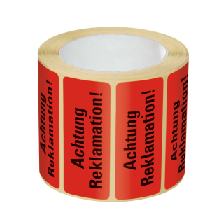 Organisationsetikett: Reklamation!, rot, ablösbares Haftpapier selbstklebend, 50 mm x 20 mm, 500 St./Rolle