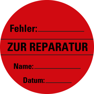 Organisationsetikett: Zur Reparatur, rot, Haftpapier ablösbar, Ø 60 mm, 500 St./Rolle