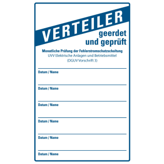 Prüfnachweis für Baustromverteiler, UVV (DGUV Vorschrift 3), Folie selbstklebend, 80 x 130 mm, 10 St./Heft