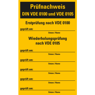 Prüfnachweis für Sicherungskästen, VDE 0100/VDE0105, gelb-schwarz, Folie selbstklebend, 80 x 130 mm, 10 St./Heft