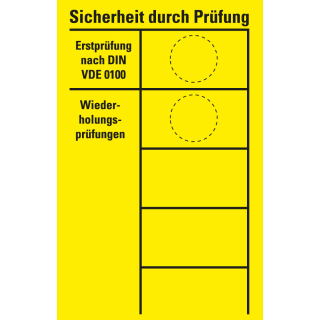 Prüfnachwies Typ A Sicherheit durch Prüfung nach DIN VDE 0100, gelb, Folie selbstklebend, 90 x 140 mm, 1 Stück