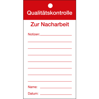 Qualitätsanhänger: Qualitätskontrolle-Zur Nacharbeit zum Beschriften, weiß-rot, Karton mit Bindedraht, 80 mm x 150 mm, 50 St./Verpackungseinheit