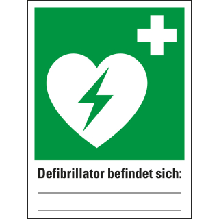 Rettungszeichen-Kombischild: Defibrillator befindet sich:, Piktogramm und Text zum Selbstbeschriften, ASR/ISO, Kunststoff, 300 x 400 mm, 1 Stück