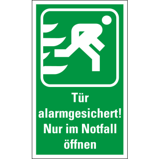 Rettungszeichen: Tür alarmgesichert! Nur im Notfall öffnen, Piktogramm und Text, praxisbewährt, Folie selbstklebend, 120 x 200 mm, 1 Stück