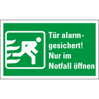 Rettungszeichen: Tür alarmgesichert! Nur im Notfall öffnen, Piktogramm und Text, praxisbewährt, Folie selbstklebend, 200 x 120 mm, 1 Stück