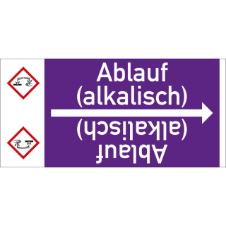 Rohrleitungsband: Ablauf (alkalisch), mit Gefahrensymbol, DIN 2403, für Rohre ab Ø 15 mm, Folie selbstklebend, 33 m/Rolle