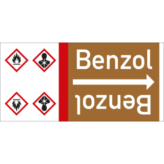 Rohrleitungsband: Benzol, mit zwei Gefahrensymbolen, DIN 2403, für Rohre ab Ø 15 mm, Folie selbstklebend, 33 m/Rolle