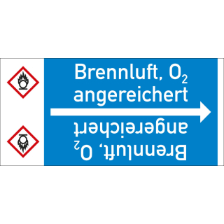 Rohrleitungsband: Brennluft, O2 angereichert, mit Gefahrensymbol, DIN 2403, für Rohre ab Ø 15 mm, Folie selbstklebend, 33 m/Rolle