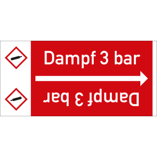 Rohrleitungsband: Dampf 3 bar, mit Gefahrensymbol, DIN 2403, für Rohre ab Ø 15 mm, Folie selbstklebend, 33 m/Rolle