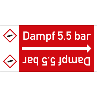 Rohrleitungsband: Dampf 5,5 bar, mit Gefahrensymbol, DIN 2403, für Rohre ab Ø 15 mm, Folie selbstklebend, 33 m/Rolle
