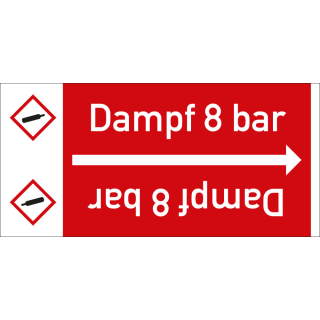 Rohrleitungsband: Dampf 8 bar, mit Gefahrensymbol, DIN 2403, für Rohre ab Ø 15 mm, Folie selbstklebend, 33 m/Rolle