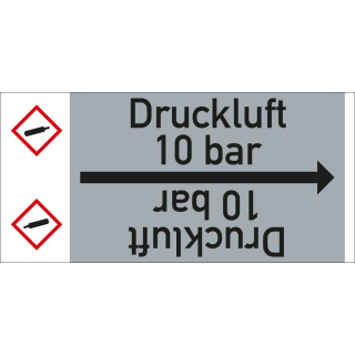 Rohrleitungsband: Druckluft 10 bar, mit Gefahrensymbol, DIN 2403, für Rohre ab Ø 15 mm, Folie selbstklebend, 33 m/Rolle