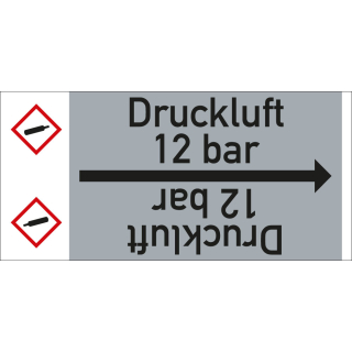 Rohrleitungsband: Druckluft 12 bar, mit Gefahrensymbol, DIN 2403, für Rohre ab Ø 15 mm, Folie selbstklebend, 33 m/Rolle