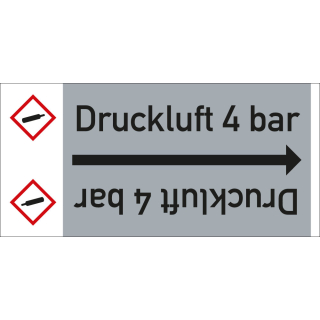 Rohrleitungsband: Druckluft 4 bar, mit Gefahrensymbol, DIN 2403, für Rohre ab Ø 15 mm, Folie selbstklebend, 33 m/Rolle