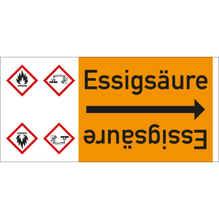 Rohrleitungsband: Essigsäure, mit zwei Gefahrensymbolen, DIN 2403, für Rohre ab Ø 15 mm, Folie selbstklebend, 33 m/Rolle