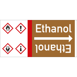 Rohrleitungsband: Ethanol, mit zwei Gefahrensymbolen, DIN 2403, für Rohre ab Ø 15 mm, Folie selbstklebend, 33 m/Rolle