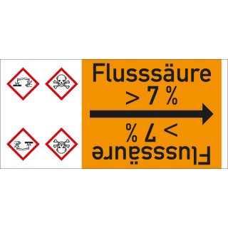 Rohrleitungsband: Flusssäure > 7 %, mit zwei Gefahrensymbolen, DIN 2403, für Rohre ab Ø 15 mm, Folie selbstklebend, 33 m/Rolle