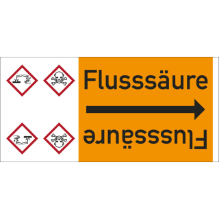 Rohrleitungsband: Flusssäure , mit zwei Gefahrensymbolen, DIN 2403, für Rohre ab Ø 15 mm, Folie selbstklebend, 33 m/Rolle