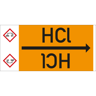 Rohrleitungsband: HCl, mit Gefahrensymbol, DIN 2403, für Rohre ab Ø 15 mm, Folie selbstklebend, 33 m/Rolle