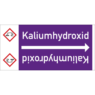 Rohrleitungsband: Kaliumhydroxid, mit Gefahrensymbol, DIN 2403, für Rohre ab Ø 15 mm, Folie selbstklebend, 33 m/Rolle