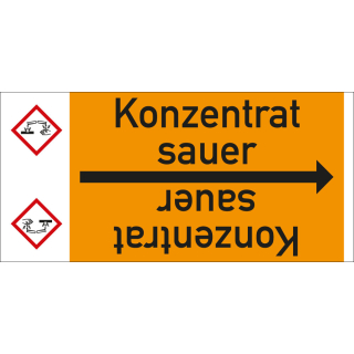 Rohrleitungsband: Konzentrat sauer, mit Gefahrensymbol, DIN 2403, für Rohre ab Ø 15 mm, Folie selbstklebend, 33 m/Rolle