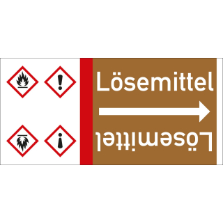 Rohrleitungsband: Lösemittel, mit zwei Gefahrensymbolen, DIN 2403, für Rohre ab Ø 15 mm, Folie selbstklebend, 33 m/Rolle