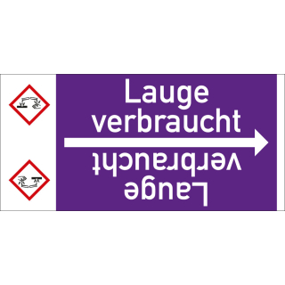 Rohrleitungsband: Lauge verbraucht, mit Gefahrensymbol, DIN 2403, für Rohre ab Ø 15 mm, Folie selbstklebend, 33 m/Rolle