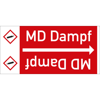 Rohrleitungsband: MD Dampf, mit Gefahrensymbol, DIN 2403, für Rohre ab Ø 15 mm, Folie selbstklebend, 33 m/Rolle