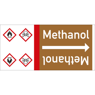 Rohrleitungsband: Methanol, mit zwei Gefahrensymbolen, DIN 2403, für Rohre ab Ø 15 mm, Folie selbstklebend, 33 m/Rolle