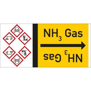 Rohrleitungsband: NH3 Gas, mit drei Gefahrensymbolen, DIN 2403, für Rohre ab Ø 15 mm, Folie selbstklebend, 33 m/Rolle