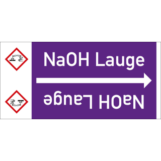 Rohrleitungsband: NaOH Lauge, mit Gefahrensymbol, DIN 2403, für Rohre ab Ø 15 mm, Folie selbstklebend, 33 m/Rolle