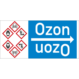 Rohrleitungsband: Ozon, mit drei Gefahrensymbolen, DIN 2403, für Rohre ab Ø 15 mm, Folie selbstklebend, 33 m/Rolle