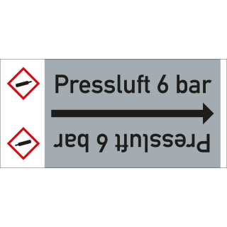 Rohrleitungsband: Pressluft 6 bar, mit Gefahrensymbol, DIN 2403, für Rohre ab Ø 15 mm, Folie selbstklebend, 33 m/Rolle