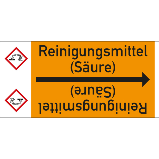 Rohrleitungsband: Reinigungsmittel (Säure), mit Gefahrensymbol, DIN 2403, für Rohre ab Ø 15 mm, Folie selbstklebend, 33 m/Rolle