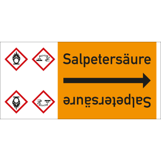 Rohrleitungsband: Salpetersäure, mit zwei Gefahrensymbolen, DIN 2403, für Rohre ab Ø 15 mm, Folie selbstklebend, 33 m/Rolle