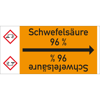 Rohrleitungsband: Schwefelsäure 96 %, mit Gefahrensymbol, DIN 2403, für Rohre ab Ø 15 mm, Folie selbstklebend, 33 m/Rolle