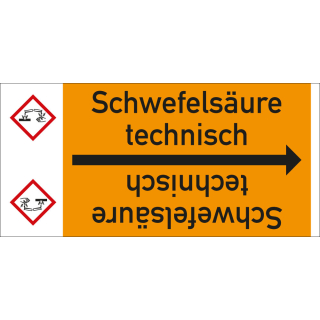 Rohrleitungsband: Schwefelsäure technisch, mit Gefahrensymbol, DIN 2403, für Rohre ab Ø 15 mm, Folie selbstklebend, 33 m/Rolle